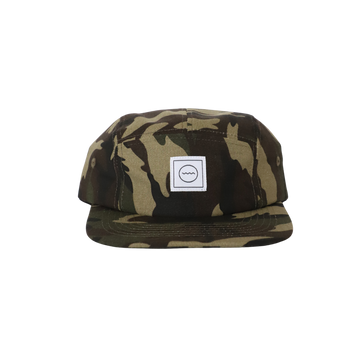 A camo five-panel hat with an adjustable velcro back and fabric eyelets on the side panels.